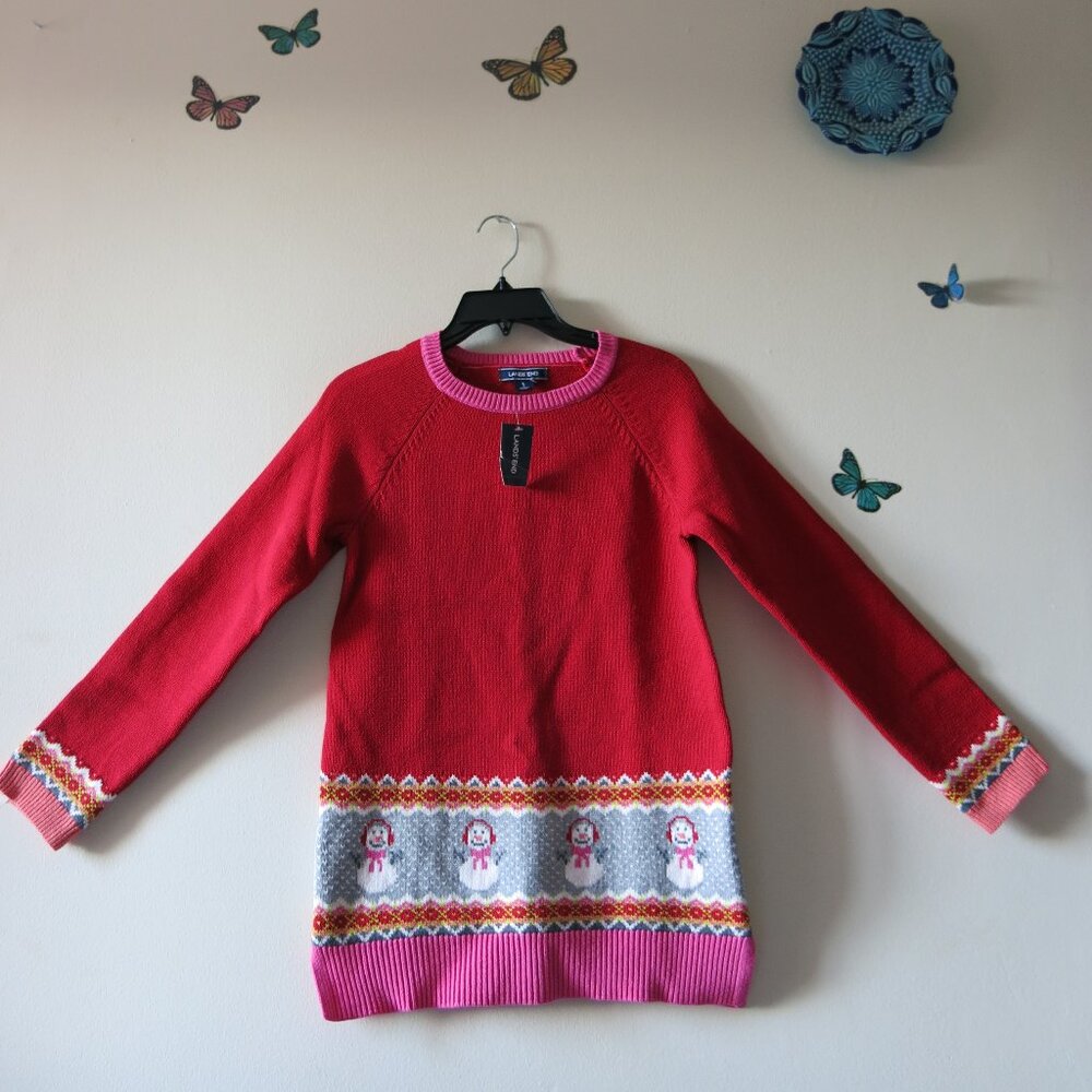 Lands ' End Winter Holiday Ski Resort Tunic Snowmen Red Pink Sweater Size L (14)